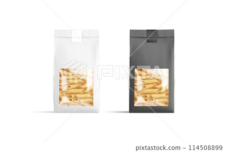 Blank black and white paper pack with penne pasta mockup Blank black and white paper pack with penne pasta mockup 114508899
