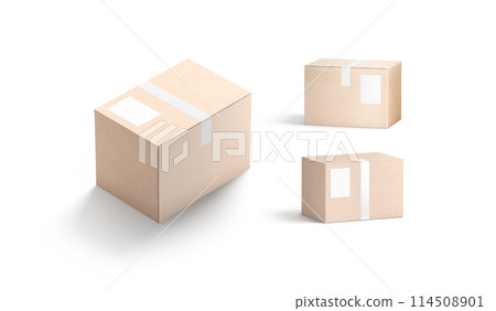 Blank white shipping label on craft box mockup, different sides Blank white shipping label on craft box mockup, different sides 114508901