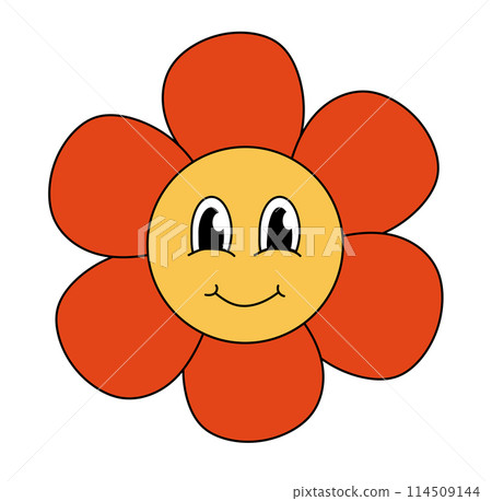 Retro 70s 60s 80s Hippie Groovy cute Red Flower. Smiling face. Flower power element. Vector illustration isolated on a white background. Retro 70s 60s 80s Hippie Groovy cute Red Flower. Smiling face. Flower power element. Vector illustration isolated on a white background. 114509144