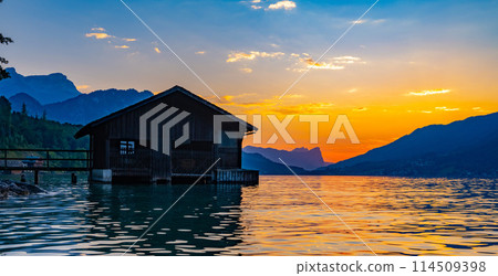 boathouse on lake Attersee, Austria. Lake Attersee at sunset. Salzburgerland, Austria. 114509398