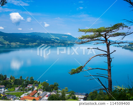 View of Attersee lake from Klettersteig mountain, Austria. Attersee Lake from alp mountain Klettersteig. Salzburgerland, Austria. View of Attersee lake from Klettersteig mountain, Austria. Attersee Lake from alp mountain Klettersteig. Salzburgerland, Austria. 114509400