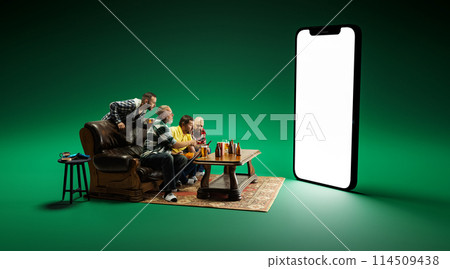 Men, friends sitting on sofa gathering at home to watching online football match translation, drink beer. 3D model of screen 114509438