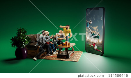 Losing goal. Friends, men sitting on sofa at home and watching football match online translation on 3d model of screen 114509446