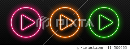 Neon light play button. Glow of the game sign. Musical laser triangle in a circle. Vector symbol for design in clubs and cinema. Neon light play button. Glow of the game sign. Musical laser triangle in a circle. Vector symbol for design in clubs and cinema. 114509663
