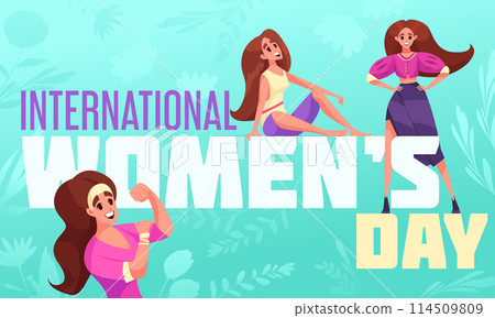 Hand drawn flat cartoon international womens day composition with female characters and flowers 114509809