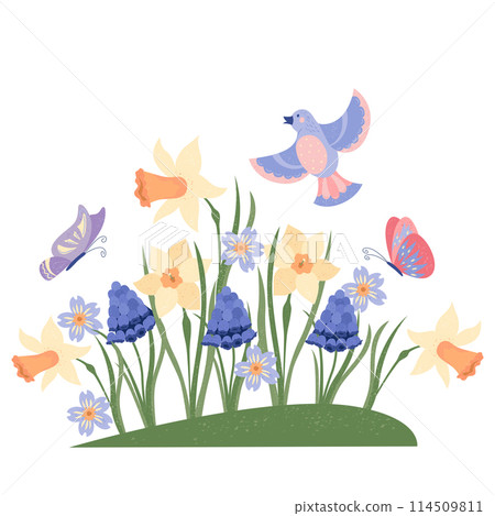 Hand drawn flat spring composition with flowers and birds 114509811