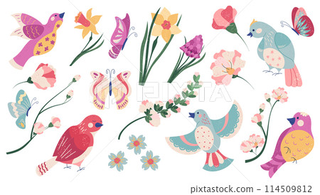 Hand drawn flat spring icon illustration with flowers and birds 114509812