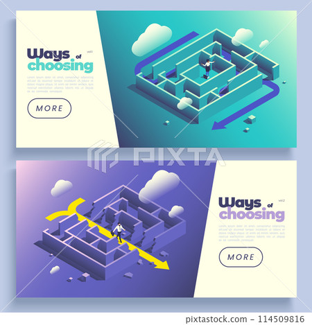 Isometric cartoon ways of choosing banner set 114509816