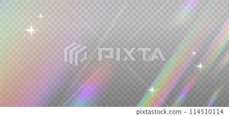 Iridescent crystal leak glare reflection effect. Optical rainbow ray lights, glare, leak, streak overlay. Vector colorful lenses and light flares with transparent effects on light background. 114510114