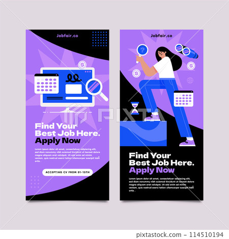 Flat job fair vertical banner template set collection with woman searching a vacant Flat job fair vertical banner template set collection with woman searching a vacant 114510194