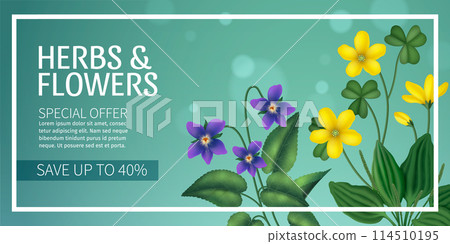 Realistic herbs composition background with blooming flowers Realistic herbs composition background with blooming flowers 114510195