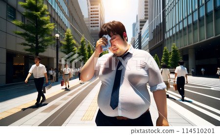 一位胖男商人在炎熱的夏日陽光下在辦公區行走 一位胖男商人在炎熱的夏日陽光下在辦公區行走 114510201