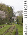 Japanese spring scenery, railway tracks merging with cherry blossoms on a rural route 114510268