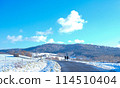 a man and a woman holding hands walk along the road against the backdrop of winter snowy mountains 114510404