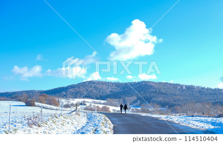 a man and a woman holding hands walk along the road against the backdrop of winter snowy mountains 114510404