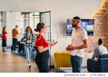 Young business colleagues, including an African American businessman, engage in a conversation about business issues in the hallway of a modern startup coworking center, exemplifying dynamic problem Young business colleagues, including an African American businessman, engage in a conversation about business issues in the hallway of a modern startup coworking center, exemplifying dynamic problem 114510662
