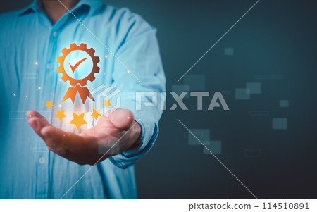 Quality Assurance Concept, Human shows the sign of the top service Quality, Guarantee, Standards, ISO certification and standardization concept, five stars, excellence service, high quality. 114510891