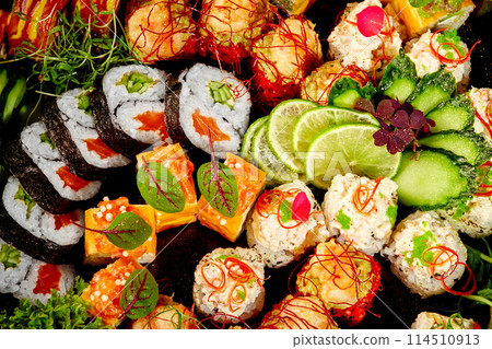 Richly adorned sushi rolls assortment with various toppings Richly adorned sushi rolls assortment with various toppings 114510913