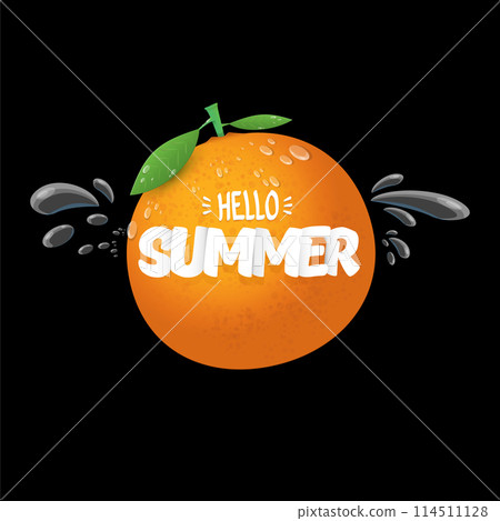 Vector Hello Summer poster and flyer Design template with fresh orange fruit isolated on black background. Hello summer concept label, text, sticker , cover poster with orange and graphic text 114511128