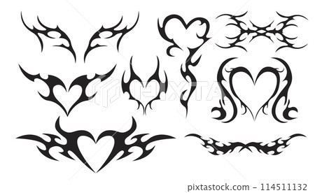 Neo tribal heart y2k aesthetic tattoo gothic cover, fire or wings abstract silhouette isolated on background. Divider, border, cyber body ornament, neotribal web goth decoration Neo tribal heart y2k aesthetic tattoo gothic cover, fire or wings abstract silhouette isolated on background. Divider, border, cyber body ornament, neotribal web goth decoration 114511132