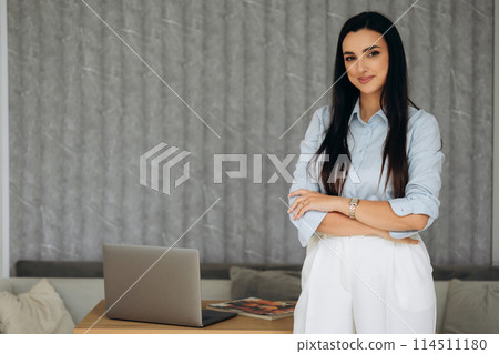 Portrait of young female lawyer working in office. Process of woman using laptop and documents 114511180