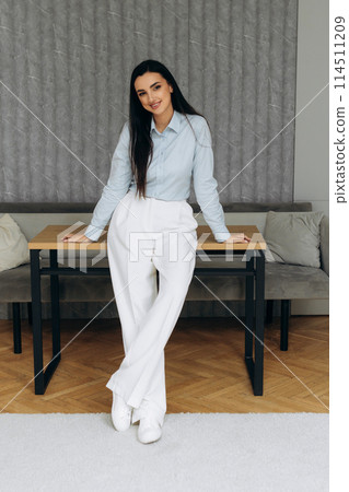Attractive female lawyer in formal style standing in front of office table. Portrait of business lady during the work  114511209