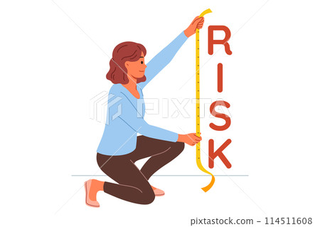 Woman measures possible risks when concluding business deal, using measuring tape 114511608