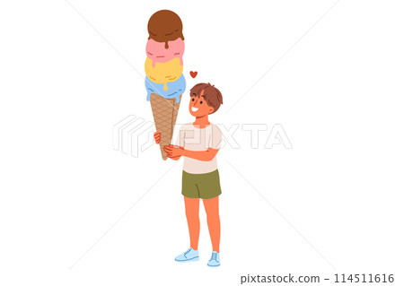 Ice cream in hands child lovingly looking at sweet dessert, allowing to cool down on hot summer day Ice cream in hands child lovingly looking at sweet dessert, allowing to cool down on hot summer day 114511616