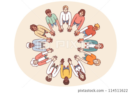 Friendly people stand in circle hold hands for collaboration and teamwork, top view 114511622