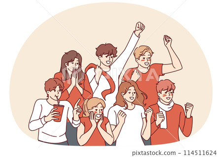 Men and women baseball fans shout and wave hands to support athletes from favorite team 114511624