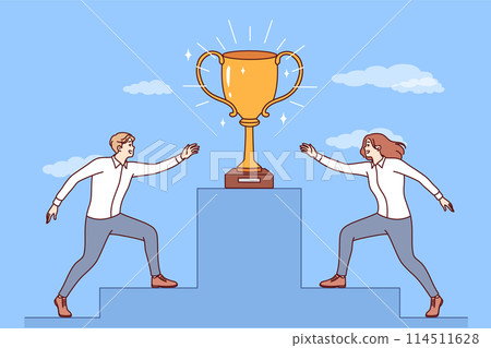 Business people are running towards gold cup at podium, trying to be first to grab award. Business people are running towards gold cup at podium, trying to be first to grab award. 114511628