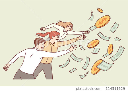 People are chasing cash, trying to make quick money, grabbing flying banknotes and coins 114511629