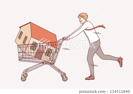 Man realtor or real estate agent runs pushing house in supermarket cart as metaphor for investment Man realtor or real estate agent runs pushing house in supermarket cart as metaphor for investment 114511640