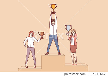 Business people stand on pedestal and hold award cups received for outstanding careers and skills Business people stand on pedestal and hold award cups received for outstanding careers and skills 114511667