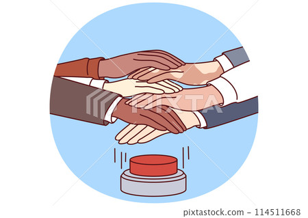 Hands of diverse men and women press red button at same time for project startup business concept Hands of diverse men and women press red button at same time for project startup business concept 114511668