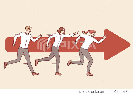 Teamwork of business people running together near arrow and striving to quickly achieve goal 114511671