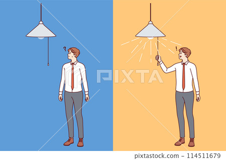 Business man came up with idea to get out of difficult situation, turns on light in room Business man came up with idea to get out of difficult situation, turns on light in room 114511679