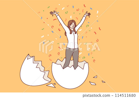 Business woman hatched from egg raises hands up, for concept of birth of new professional 114511680