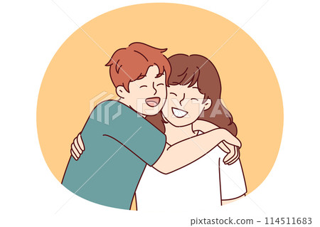 Positive little boy and girl hugging and laughing enjoying spending time together Positive little boy and girl hugging and laughing enjoying spending time together 114511683