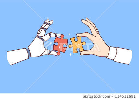 Collaboration between robot and human performing same task and holding pieces of puzzle in hands 114511691