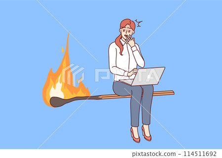 Woman freelancer is afraid of danger of violating business deadlines, sitting on burning match 114511692