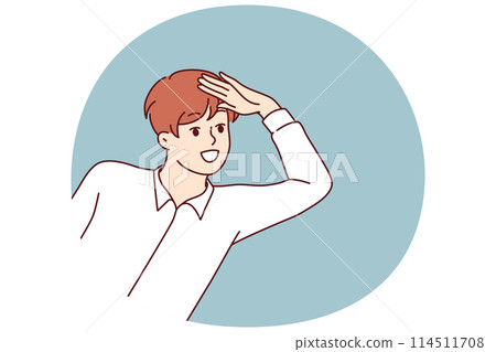 Boy looks out and puts hand to forehead to look into distance and find interesting offer 114511708