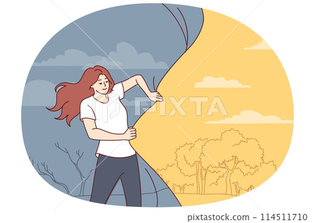 Woman is trying to change world for better and achieve better life by pulling back veil of hell Woman is trying to change world for better and achieve better life by pulling back veil of hell 114511710