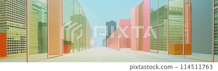 The image shows a city street with tall buildings made of glass and other materials 114511763