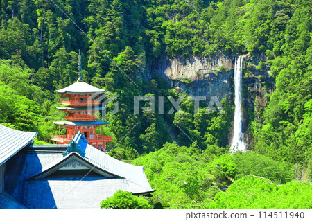 [Wakayama Prefecture] Seiganto-ji Temple's three-story pagoda and Nachi Falls on a clear day (Kumano Nachi Taisha Shrine) 114511940