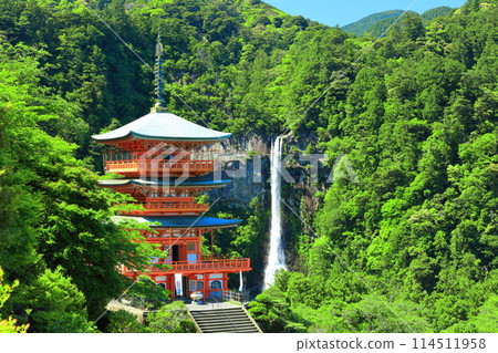 [和歌山縣] 晴天時的青岸渡寺三層寶塔和那智瀑布（熊野那智大社） 114511958