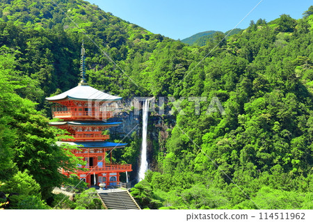 [Wakayama Prefecture] Seiganto-ji Temple's three-story pagoda and Nachi Falls on a clear day (Kumano Nachi Taisha Shrine) 114511962