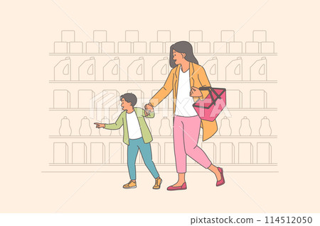 Mother and child shop in supermarket, passing shelves with assortment of cleaning products 114512050