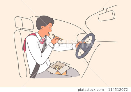 Rushing man driver eats noodles and drives car at same time, due to strict deadlines at work Rushing man driver eats noodles and drives car at same time, due to strict deadlines at work 114512072