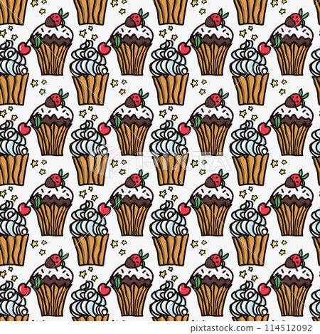 Sweet cake seamless pattern with desserts . Macaroon, muffin, pudding, cake with cherry and strawberry fruit. Hand drawn vector illustration for surface design, textile, fabric, scrapbook or wallpaper Sweet cake seamless pattern with desserts . Macaroon, muffin, pudding, cake with cherry and strawberry fruit. Hand drawn vector illustration for surface design, textile, fabric, scrapbook or wallpaper 114512092